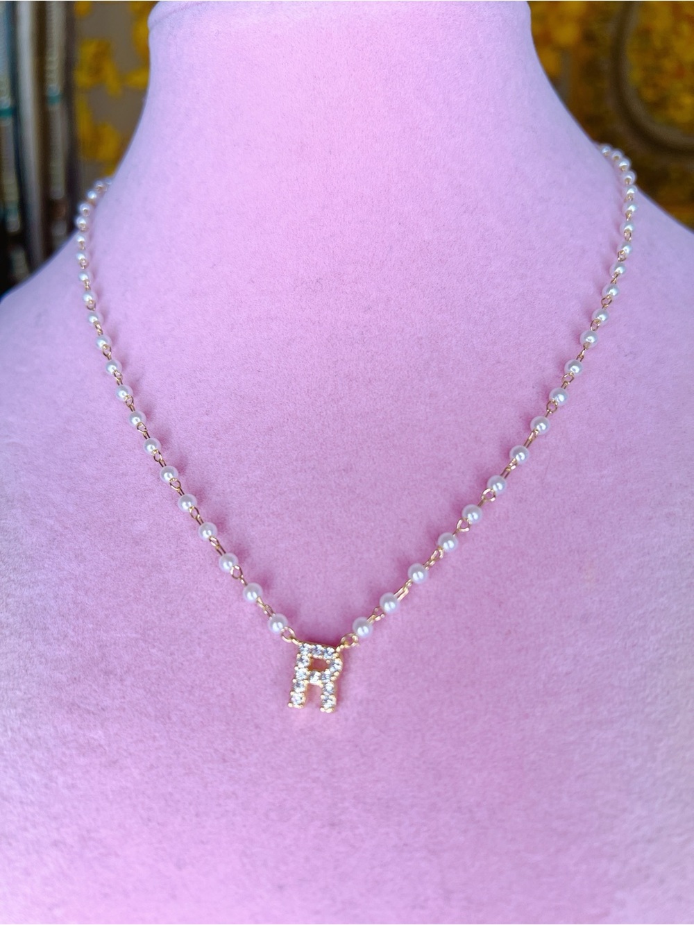 18k gold plated R pearl CZ initial letter 16” to 19” necklace